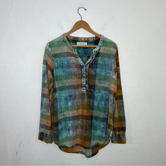 Anthropologie Isabella Sinclair Ruffled Plaid Henley Top Size Medium - Picture 2 of 13